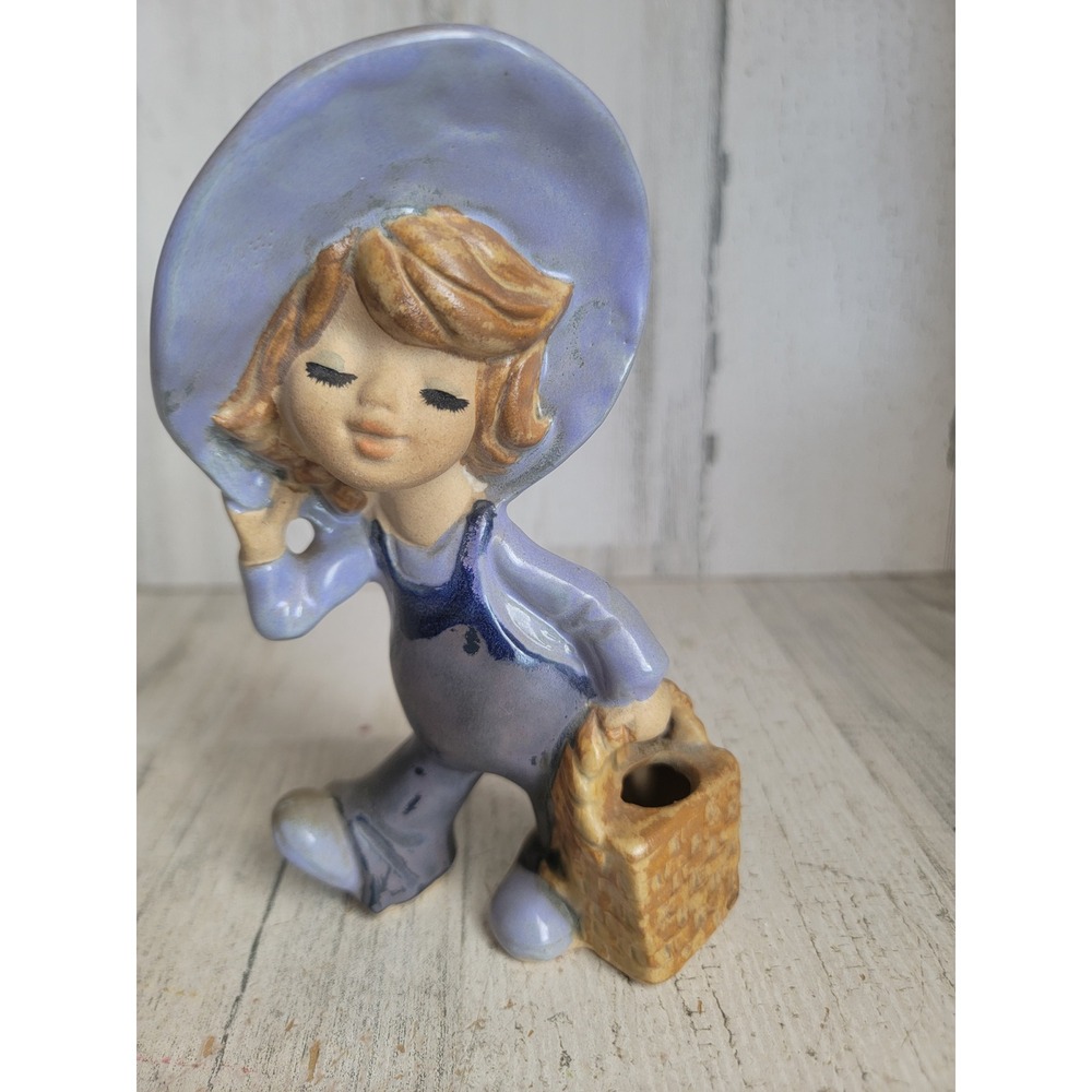 Vintage japan‎ farmer girl toothpick holder basket figure overall blue child